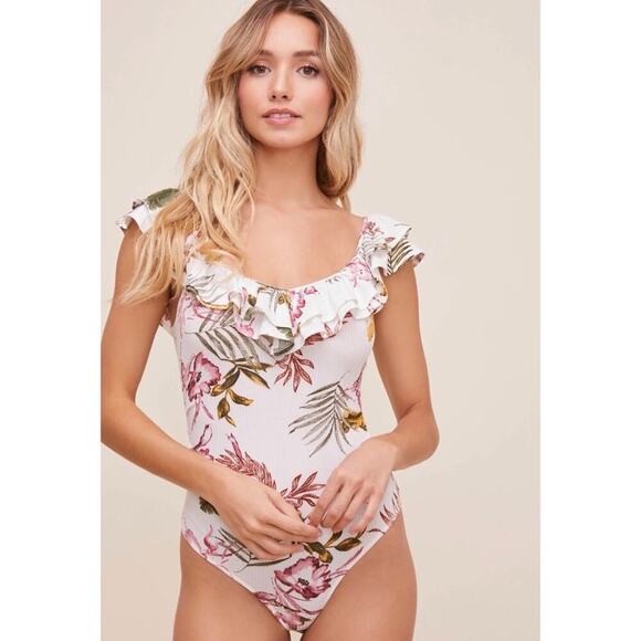 Astr Tops - NWT ASTR THE LABEL Double Ruffle Ribbed Floral Bodysuit Sz. XS Cottagecore